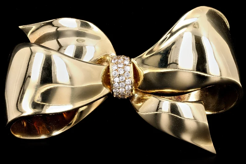 Vintage 18K Yellow Gold Diamond Bow Brooch