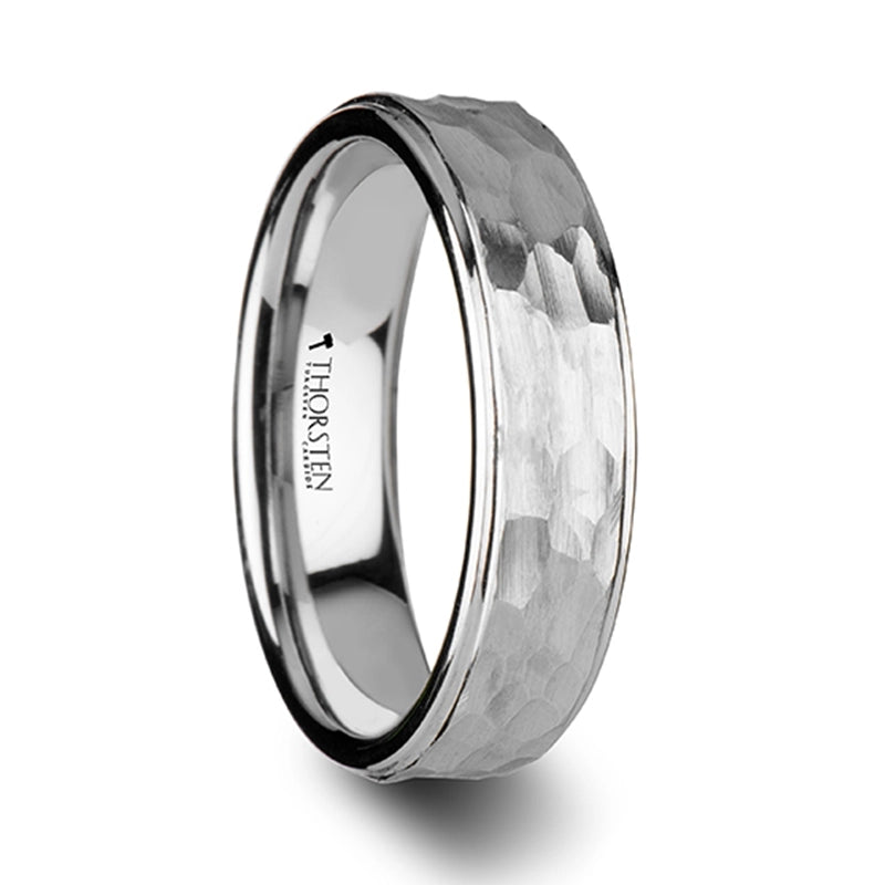 White Tungsten Band with Raised Hammered Finish