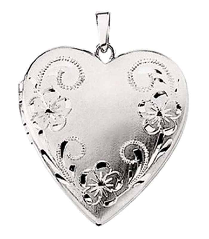 14k White Gold Brushed Satin Engraved Flowers 4 Picture Heart Locket Pendant