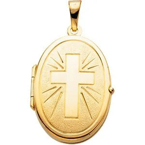 14k Yellow Gold Engraved Cross Oval Locket Pendant