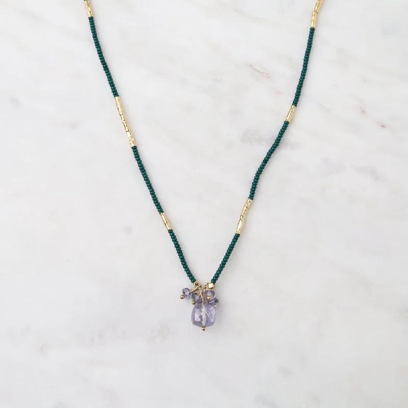 Dark Green Seed & Mystic Quartz Bead Necklace