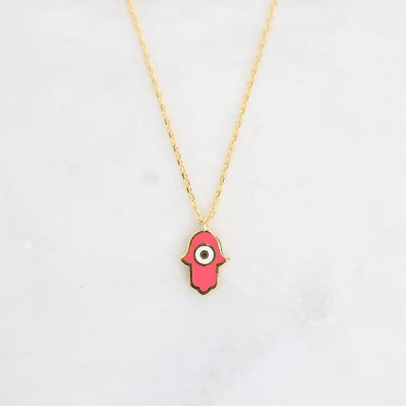 Hamsa with Evil Eye Enamel Necklace - Pink