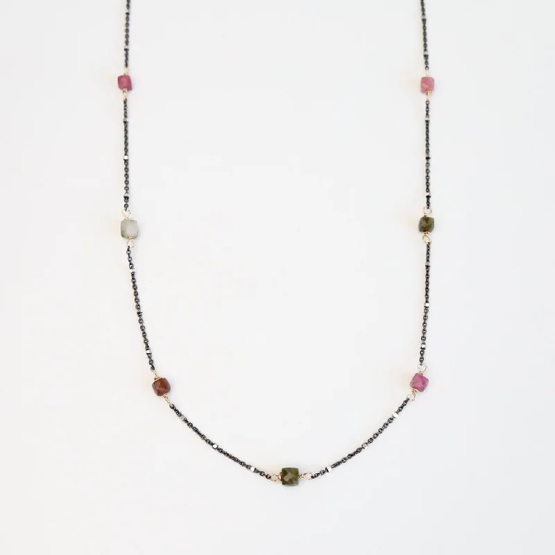 Watermelon Tourmaline Cube Station Necklace