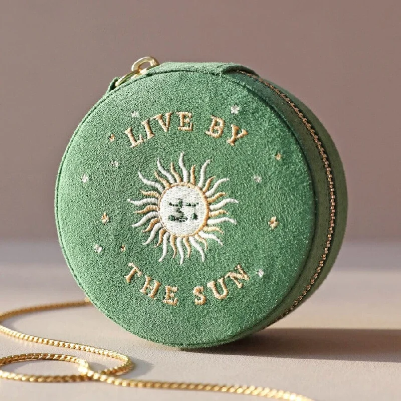 Green Sun and Moon Embroidered Round Jewelry Box