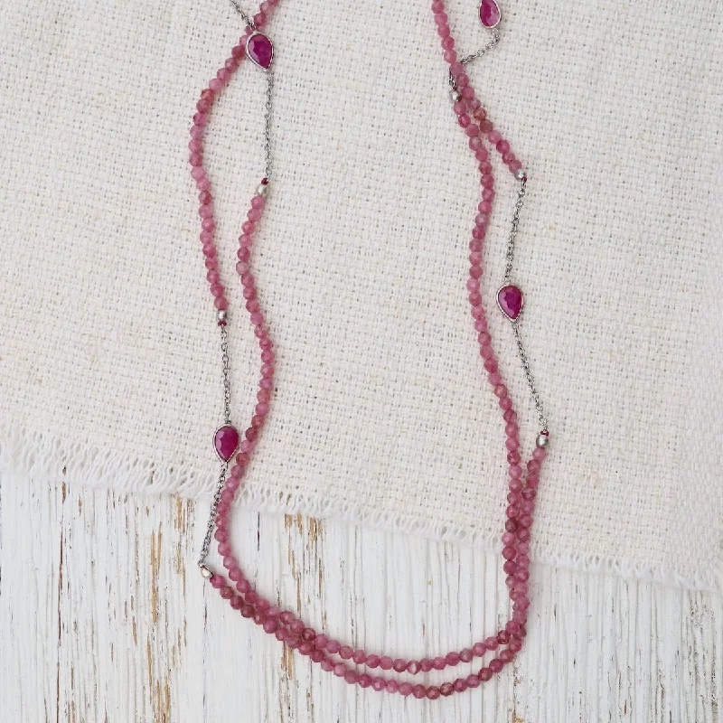 Long Pink Tourmaline & Ruby Necklace