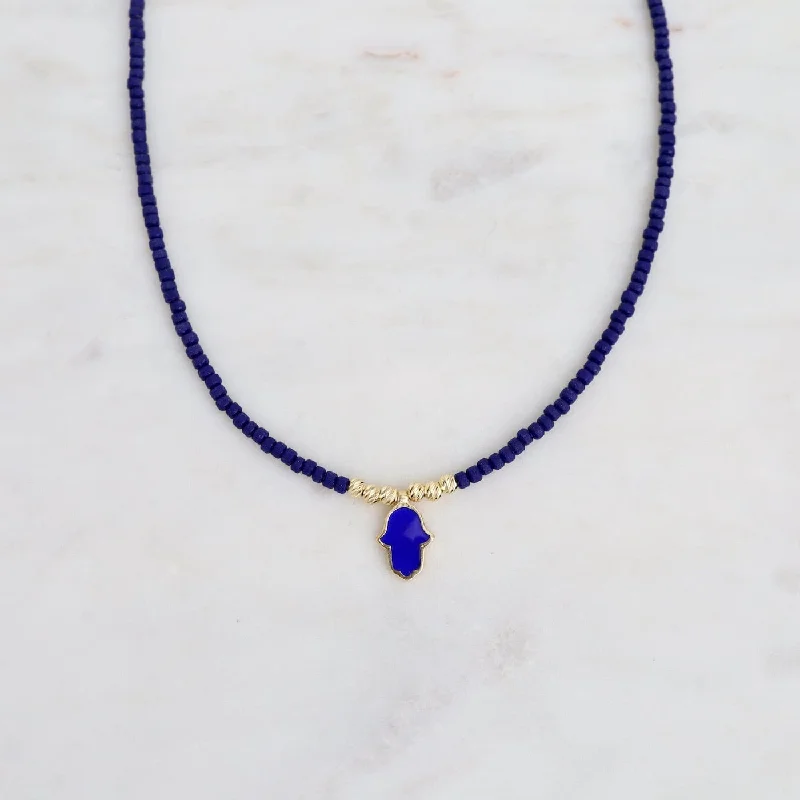 Blue Beaded Necklace with Hamsa