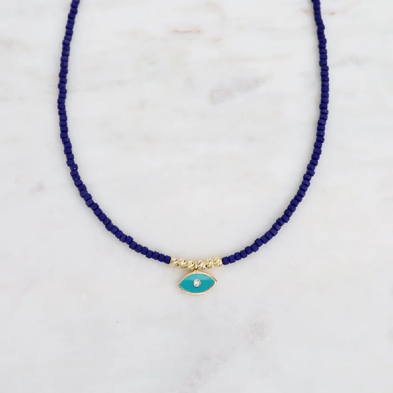 Navy Beaded Necklace with Horizontal Evil Eye