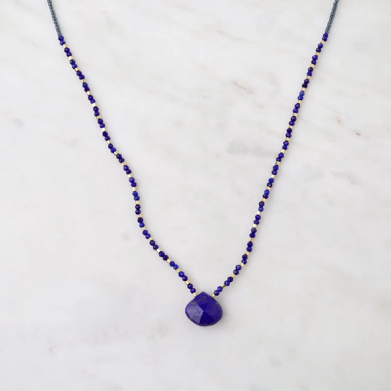 Grey Seed Bead Necklace with Lapis Teardrop