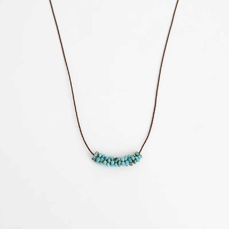 Hand Stitched Tiny Turquoise On Dark Brown Silk Cord Necklace