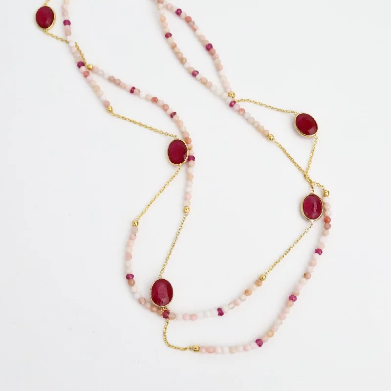 Beaded Pink Opal & Ruby Long Necklace