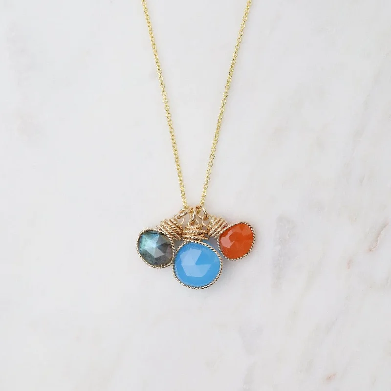 Braided Wrapped Charm Necklace with Labradorite, Blue Chalcedony, and Carnelian