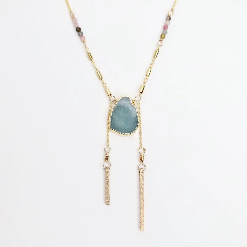 Aquamarine Slice Necklace with Tourmaline & Bar Charms