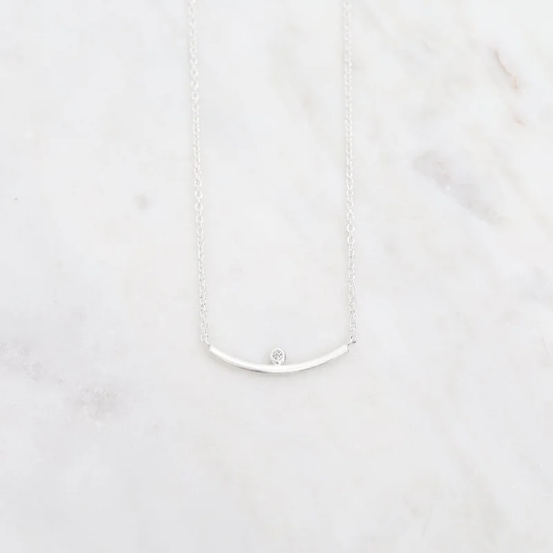 Brushed Sterling Curved Bar Necklace with White Sapphire