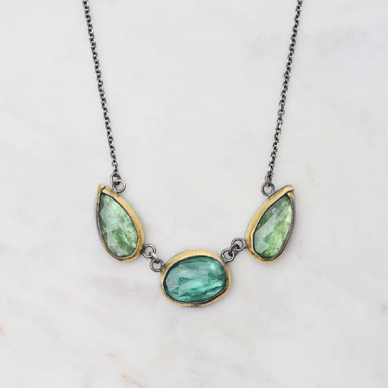 Green Kyanite 3 Stone Teardrop & Oval Crescent Rim Necklace