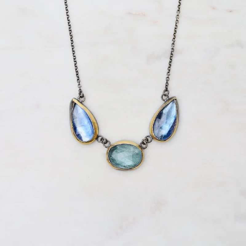 Sky Blue Kyanite 3 Stone Teardrop & Oval Crescent Rim Necklace