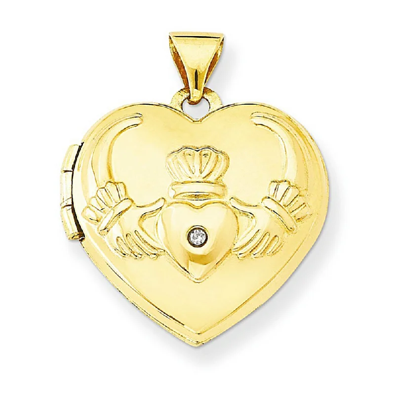 Petite 14k Yellow Gold Diamond Claddagh Heart Locket Pendant