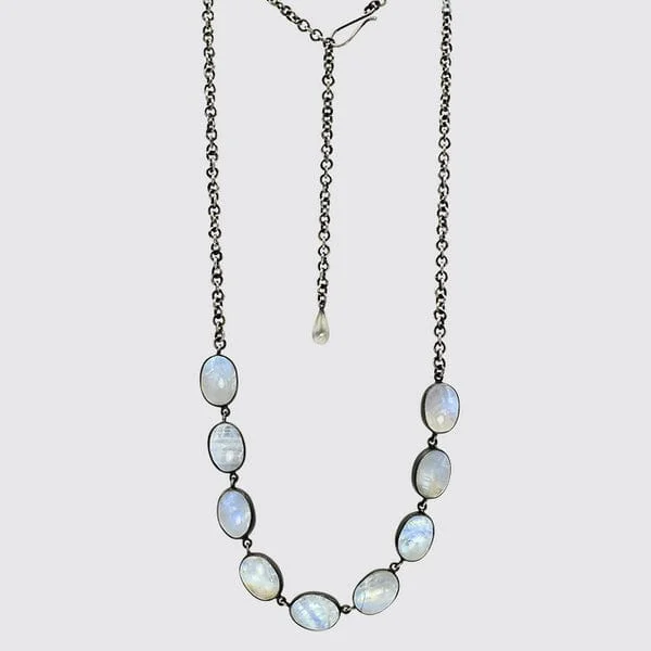 Oval Rainbow Moonstone Cabochon Chain Necklace