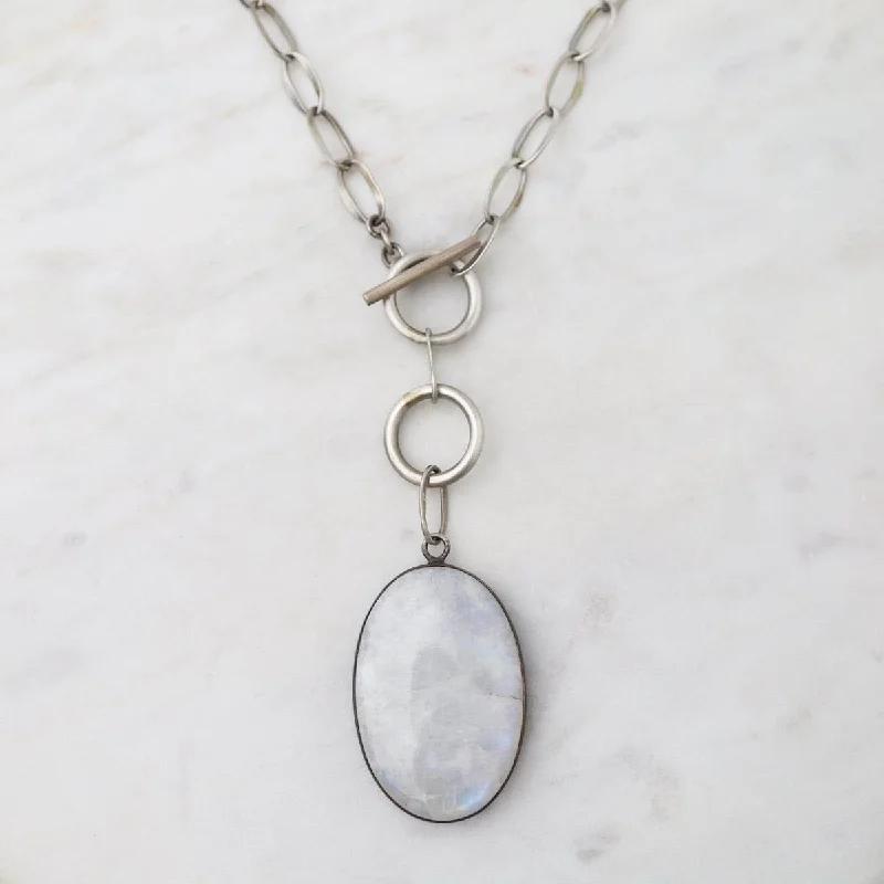 Oval Cabochon Rainbow Moonstone Toggle Necklace