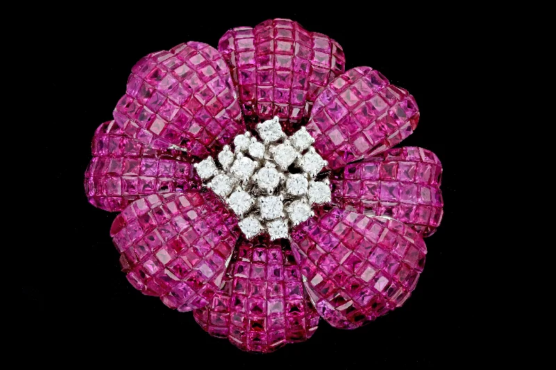 Retro 18K White Gold 25 Carat Ruby and 1 Carat Diamond Flower Brooch