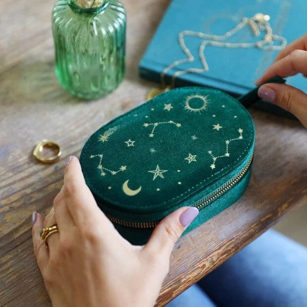 Teal Starry Night Velvet Oval Jewelry Box