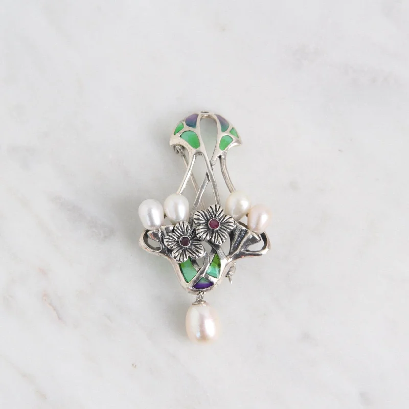 Enameled Art Nouveau Flower Basket Pin