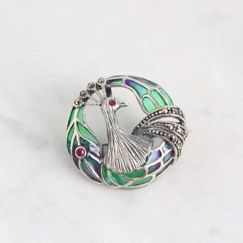 Sterling Silver Enamel Peacock Pin