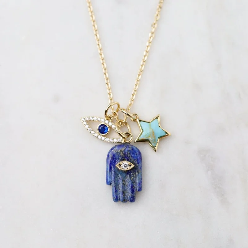 Lapis Hamsa, Turquoise Star & CZ Evil Eye Charm Necklace